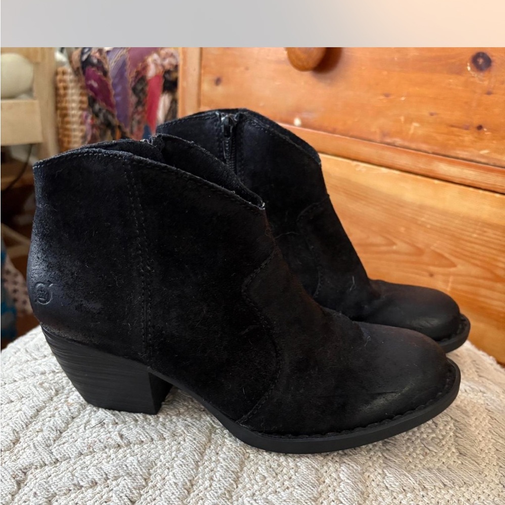 Born Black Suede Ankle Booties with Low Block Heel